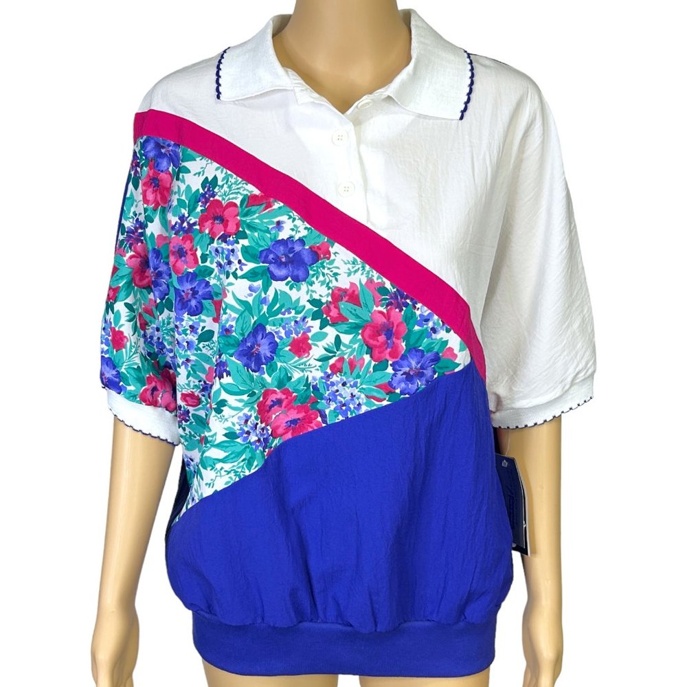 Southern Lady Womens L Blue Floral‎ Short Sleeve Blouse Shirt Stretch Waistband